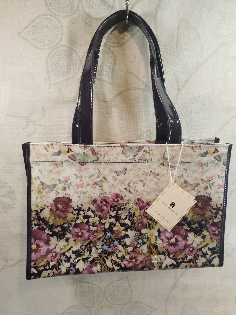 Ted Baker Floral Shoulder Tote with Dark Purple Patent Handles